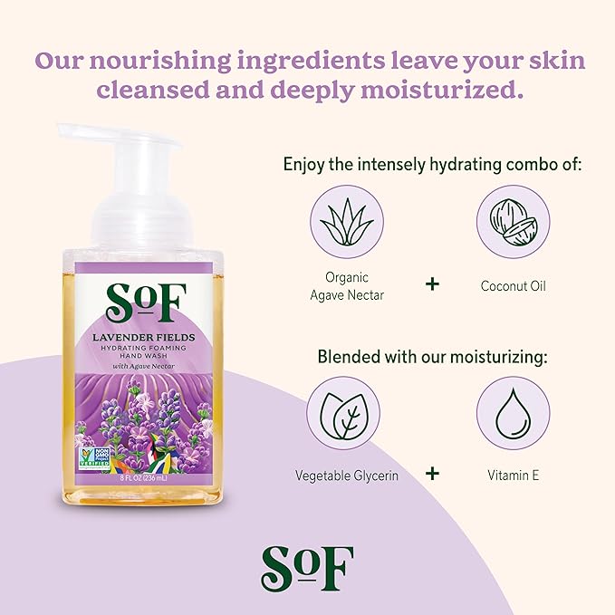 SoF Hydrating Foaming Hand Wash - With Organic Agave Nectar & Coconut Oil- Vegan & Non GMO- Free From Phthalates, Sulfates & Parabens- Lavender Fields- 8 oz Bottle 6 Pack
