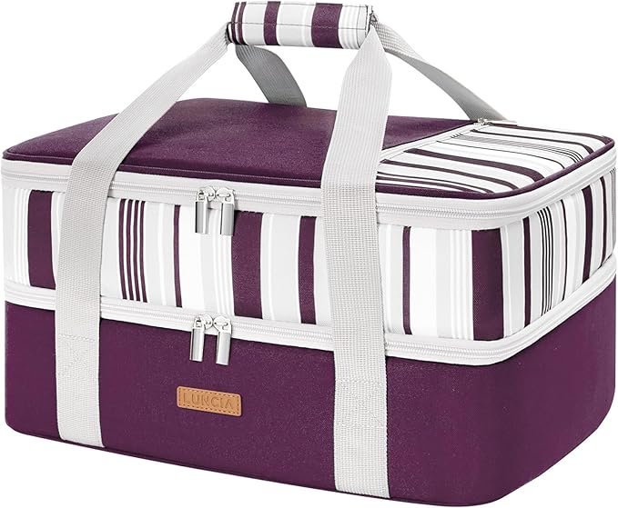 LUNCIA Insulated Double Decker Casserole Carrier, Lasagna Lugger Tote Keeps Food Hot or Cold, Thermal Lunch Bag for Potluck Parties, Picnic and Cookouts, Fits 9" x 13" Baking Dish, Purple