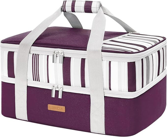 LUNCIA Insulated Double Decker Casserole Carrier, Lasagna Lugger Tote Keeps Food Hot or Cold, Thermal Lunch Bag for Potluck Parties, Picnic and Cookouts, Fits 9" x 13" Baking Dish, Purple
