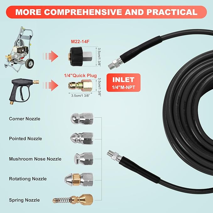 Sewer Jetter Kit for Pressure Washer,Water Jet Drain Cleaning Hose with Corner Rotating Button Spring Nose 1/4" NPT Sewer Cleaning Tool High-Pressure Nozzles,5800 PSI 100 FT