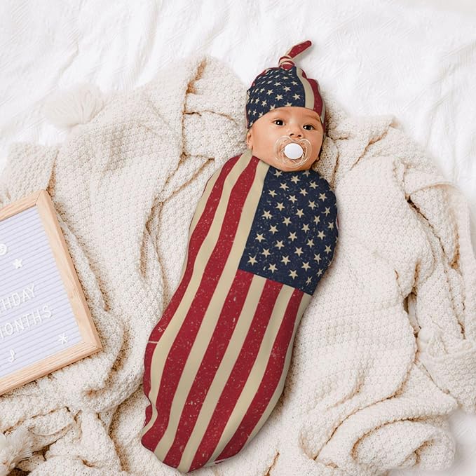 Newborn Swaddle Blankets and Hat Set Soft Cotton Baby Swaddle Wrap Warm Infant Receiving Blanket USA Flag