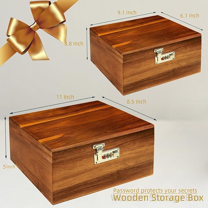 2pcs Wooden Box Decorative Acacia Wooden Storage Box with Combination Lock with Hinged Lid Keepsake Chest Stash Box Decorative Lockable Chest for Keepsakes, Memory Boxes Wood Gift Box
