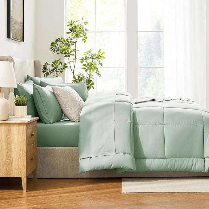 CozyLux King Size Comforter Set Sage Green, 7 Pieces Bed in a Bag, Green Comforter King Size, All Season Bedding Sets with Stitch Quilted Comforter, Flat Sheet, Fitted Sheet, Pillowcases