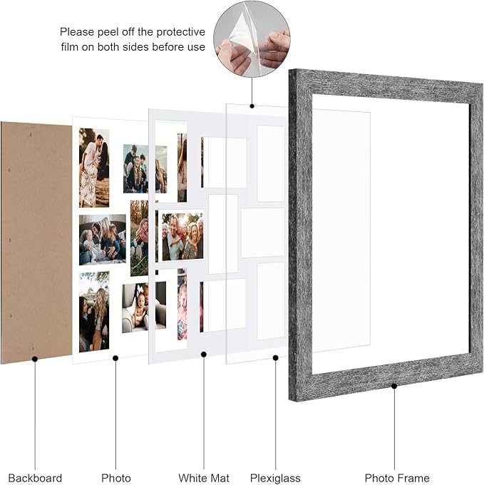17x17 Picture Frame Display 9 opening 4X6 Picture Frame Collage,Multi Photo Frame with Mat,Plexiglass,Wall Mount Decor,Grey Wood Grain