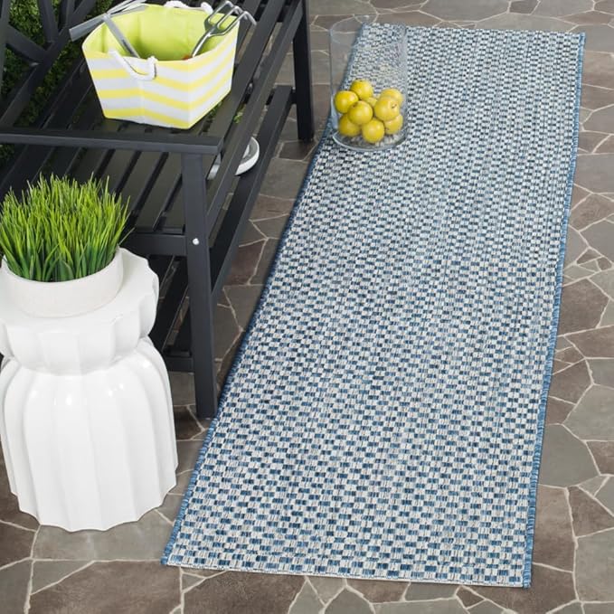 SAFAVIEH Washable Rug Outdoor Courtyard Collection - 2'3" x 12' Runner, Blue & Light Grey, Non-Shedding & Easy Cleaning, Ideal for Patio, Entryway, Mudroom, Hallway, Kitchen (CY8653-36821)