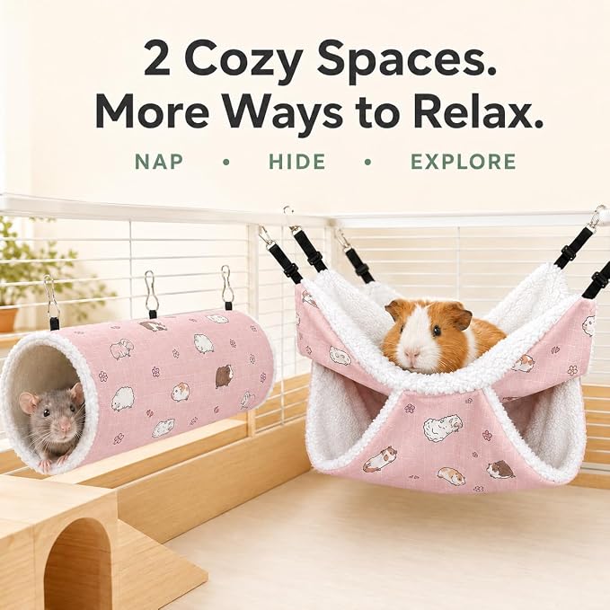 Small Pet Hammock & Tunnel Set for Ferrets, Guinea Pigs, Rats - Plush Hideout Bed & Cage Toy, 2-Pack, Pink Guinea Pig Print