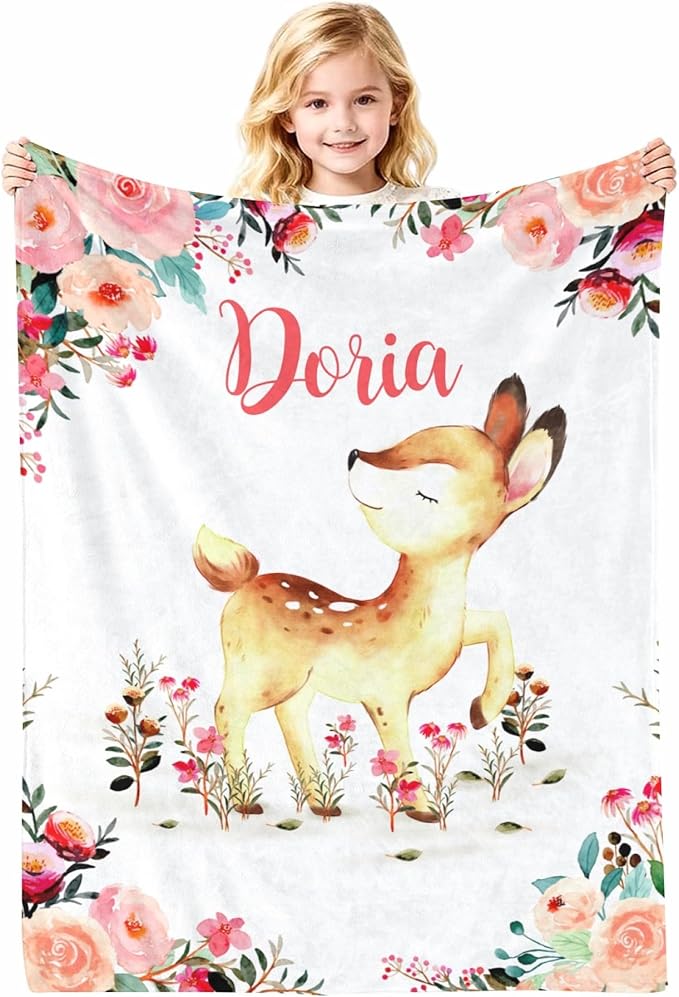 Personalized Baby Blanket with Name, Customized Soft Animals Flannel Blankets for Newborn Boys Girls and Toddlers, for New Mom, Infant Birthday Gift, Deer-2