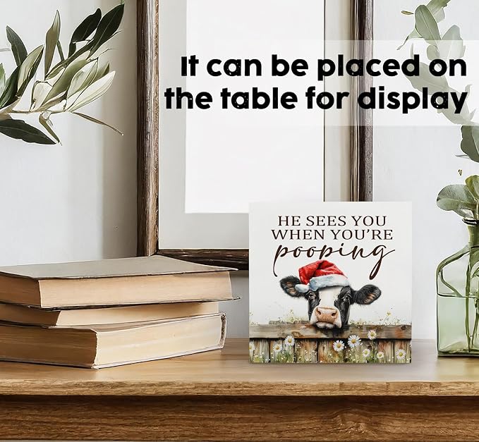 Christmas cows Home Bathroom Decor Sign - Farmhouse Western Christmas Animal Bathroom Decor,Rustic Farm Animal He Sees You When You're Pooping Signs,cows Gifts for Women
