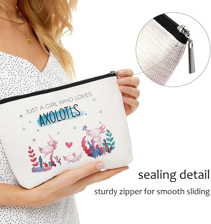 Blue Leaves Axolotl Makeup Bag Cosmetic Bag | Portable Travel Organizer Toiletry Cosmetic Pouch with Zipper, Gifts for Women, Just A Girl Who Loves Axolotls