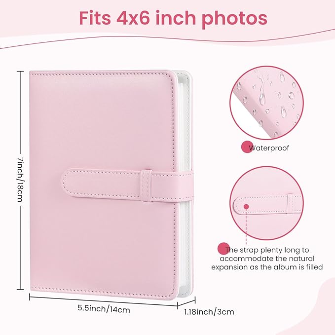 Lifting Photo Album 4x6 with 68 Pockets，Premium Vegan Leather Cover Small Photo Album Book，Mini Picture Album for Family Birthday Anniversary Baby Vacations (Pink)