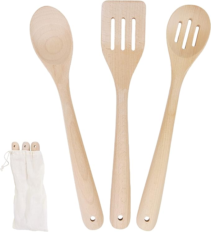 PrintSupremacy Beechwood Personalized Kitchen Utensils, Non Stick Wooden Kitchen Gadget Pan Cookware, Cook Gift Set for Holidays, Engraved Kitchen Stuff (Plain, 3 pcs)