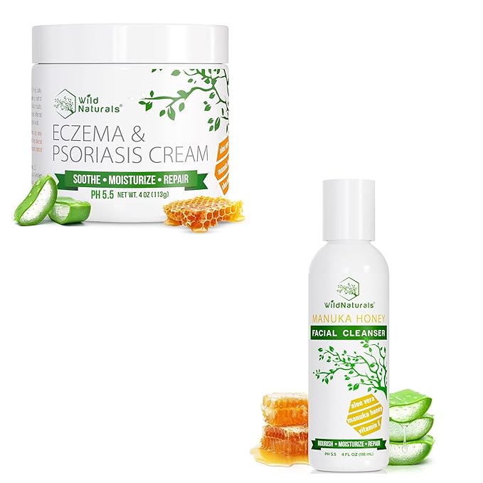 Wild Naturals Eczema & Psoriasis Cream for Dry, Itchy Skin + Gentle Manuka Honey Face Wash - Eczema Facial Cleanser with Aloe Vera Extract, Hydrating & Soothing for Dry, Sensitive Skin