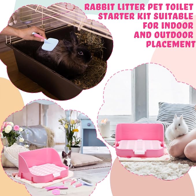 Reallnaive 15 Pcs Rabbit Starter Kit Small Rabbit Litter Box Girls Gift Animal Grooming Kit Bunny Toys Bowl Blankets with Cleaning Set for Guinea Pig Accessories(Pink)