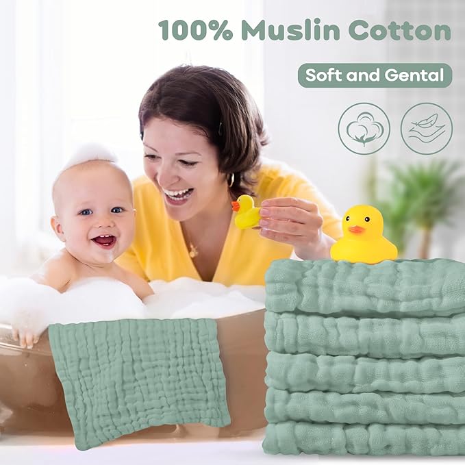 Yoofoss Muslin Baby Washcloths 100% Organic Cotton Face Towels 6 Pack Wash Cloths for Baby 12x12in Soft and Absorbent Baby Wipes (Dark Green)