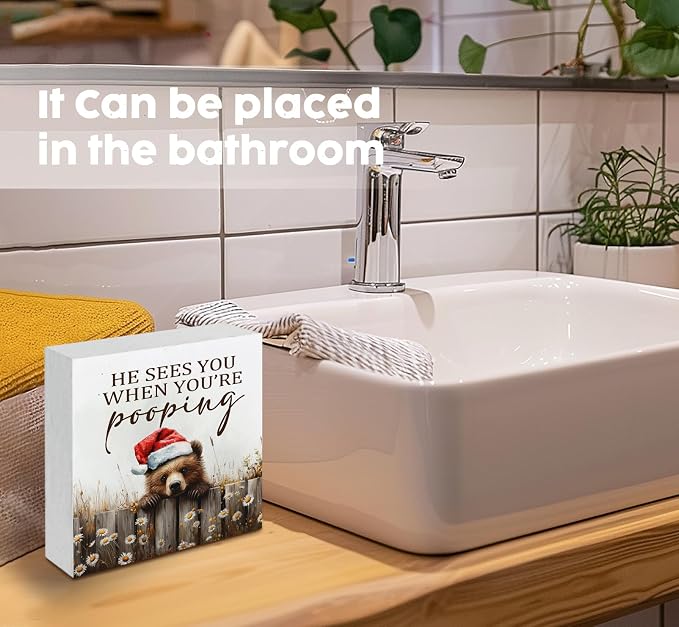 Christmas Bear Home Bathroom Decor Sign - Farmhouse Western Christmas Animal Bathroom Decor,Rustic Farm Animal He Sees You When You're Pooping Signs,Bear Gifts for Women