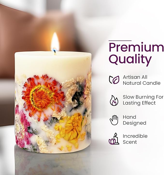 VIONAMI Botanical Scented Pillar Candle - Tropical Rare Flower Fragrance Candles Gifts for Women, Gift Ready - Decorative Natural Soy Scented Candles with Dried Flowers for Home (Mums)