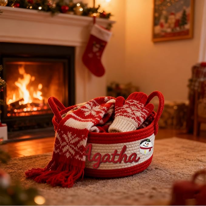 Personalized Christmas Gift Baskets with Name,Custom Baby Rope Cotton Basket for Organizing,Customized Storage Baskets for Baby Shower Christmas