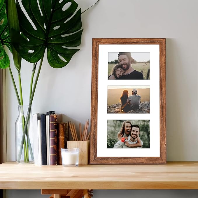 8x14 Collage frame with 3 Openings 4X6 Pictures, Multiple Picture Frame with Mat, Wall or Tabletop Decor, Carbonized Brown Wood Grain (1 Pack)