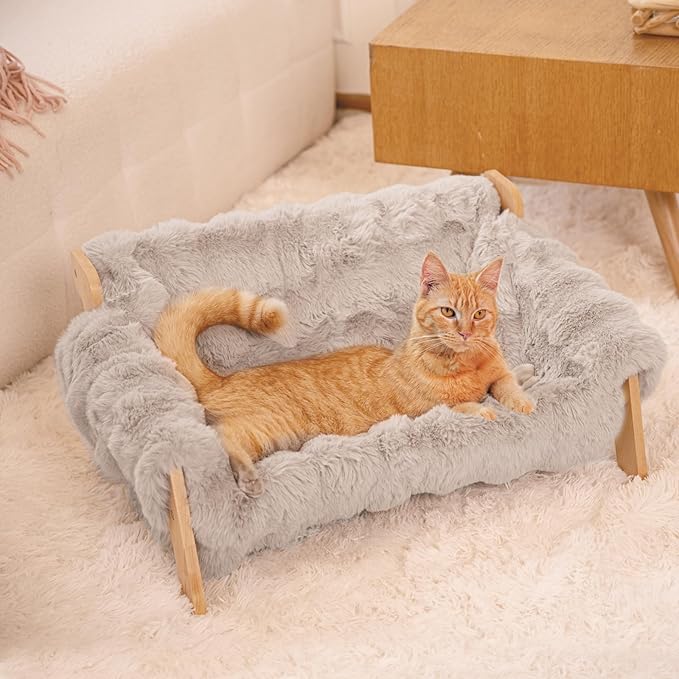 CHEERHOME PETS Elevated Cat Couch Bed Wooden Raised Kitty Sofa Lounge Chair | Washable Fluffy Cover Wooden Elevated Pet Furniture for Indoor Cats and Puppy(Gray)