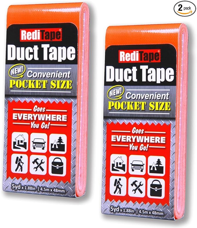 Travel Size Fluorescent Orange Duct Tape 2-Pack - Pocket Size Flat Mini Roll - for Repairs Outdoors Emergency Crafts - 1.88 inch x 5 Yards per Pack