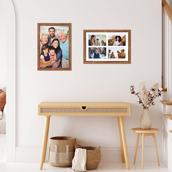 9x13 Collage frame with 4 Openings 4X6 Pictures, Multiple Picture Frame with Mat, Wall or Tabletop Decor, Carbonized Brown Wood Grain (1 Pack)