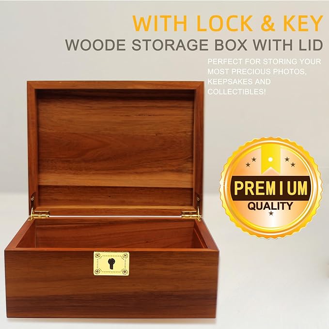Wooden Box Decorative Large Acacia Wooden Storage Box with Hinged Lid and Locking Key Premium Keepsake Stash Box Lockable Chest for Keepsakes, Valuables, Accessories, Treasured Items(Lock No Grid)