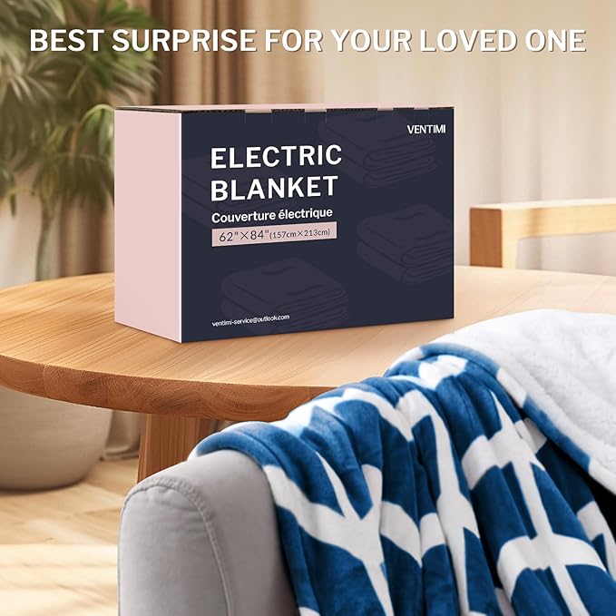 VENTIMI Electric Blanket Heated Throw, 62" x 84" Heated Blanket with 9 Heat Levels & 2 to 10 Hours Auto Off, Fast Heating Blankets with ETL & FCC Certification, Navy