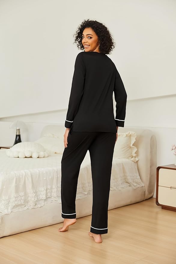 Ekouaer Womens 2 Pack Pajama Set Long Sleeve Pajamas Top and Pants V Neck Pjs Set Soft Loungewear with Pockets