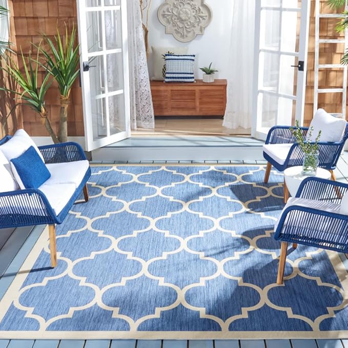 SAFAVIEH Washable Rug Outdoor Courtyard Collection - 9' x 12', Blue & Beige, Non-Shedding & Easy Cleaning, Ideal for Patio, Backyard, Mudroom (CY6914-243)
