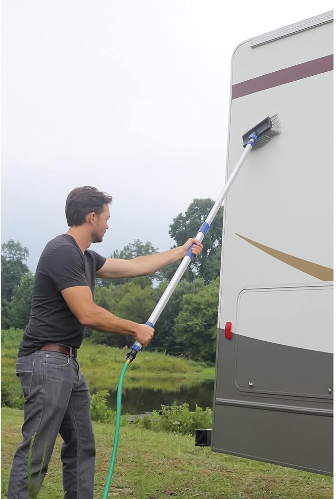 Camco Flow-Through Wash Brush with Push Button Telescoping Handle - Connect to Standard Water Hose to Clean Your Vehicle | Great for RV, Truck Boat and Car Washing - (41960)