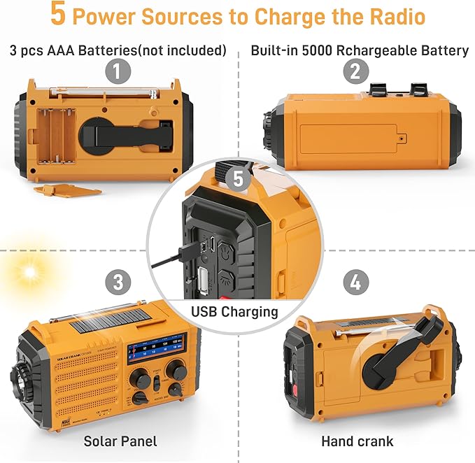 Emergency Radio with NOAA Weather Alert, 5000mAh Solar Hand Crank Portable AM/FM Shortwave Radio, Rechargeable Battery Powered, USB Charger, Flashlight, SOS Alarm for Home Outdoor Survival
