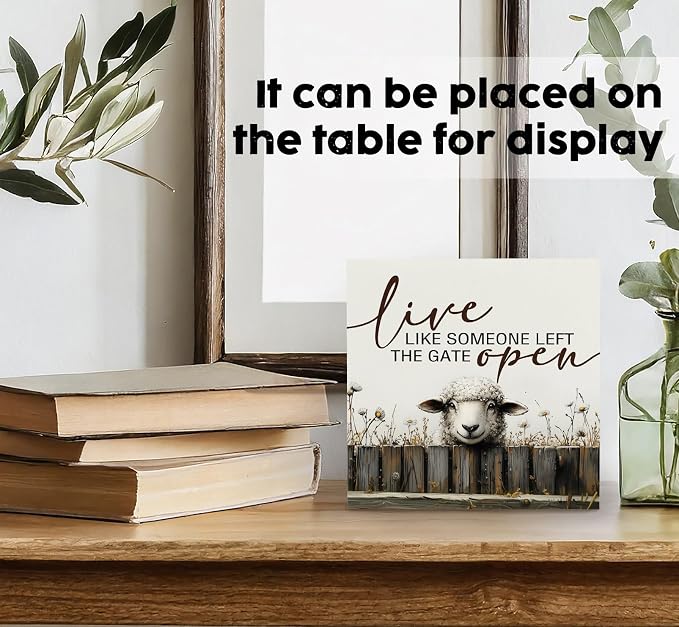 Live like Someone Left the Gate Open Sheep Sign, Cottagecore Animal Wooden Signs, Rustic Farmhouse Wood Sign Home Decor, Farm Animal Easter Sheep Decor for Home Office Badroom,6x6
