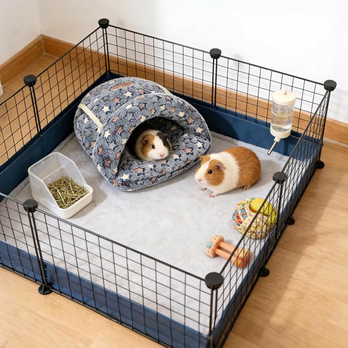 YUEPET Guinea Pig Bed, Warm Fleece Slipper Cuddle Cave, Grey Star | Cozy Guinea Pig House, Portable Guinea Pig Hideout, Soft Coral Fleece, Washable Cushion, Folds Flat