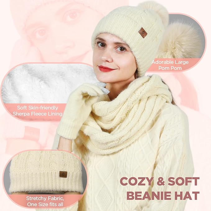 Womens Beanie Hat Infinity Scarf Touchscreen Gloves Fleece Headband 4 in 1 Winter Clothes Set Gifts for Women