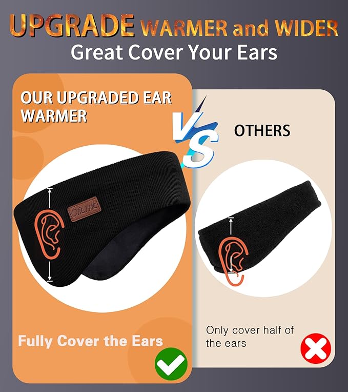 Winter Ear Warmer Headband for Men Women Double-Layer Knit Ear Muffs Cover with Fuzzy Lining for Running and Cycling (Black, Black, One Size)