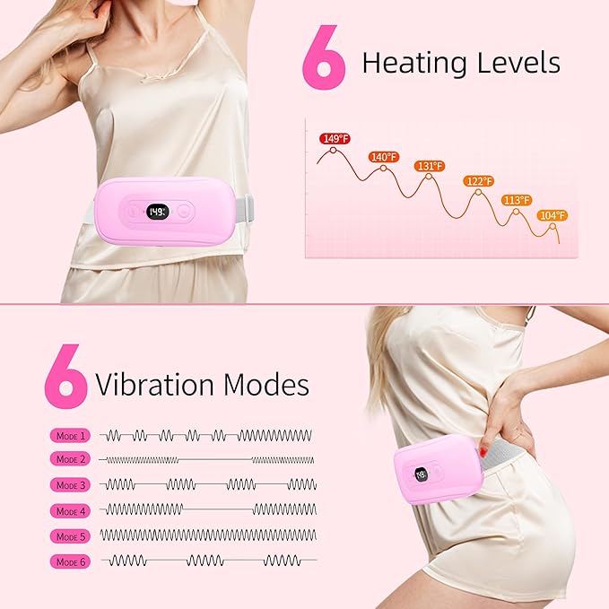 Portable Heating Pad Period Cramps: 2 Timer 6 Heat Levels 6 Vibration Modes Cordless Electric Heating Pad 3s Fast Heating Menstrual Heating Pad Mothers Day Gifts Pink