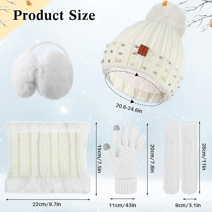 5 Pieces Women Winter Warm Set Knit Beanie Hat Scarf Touchscreen Gloves Earmuffs Stockings 5 in 1 Ski Outing Set for Gift
