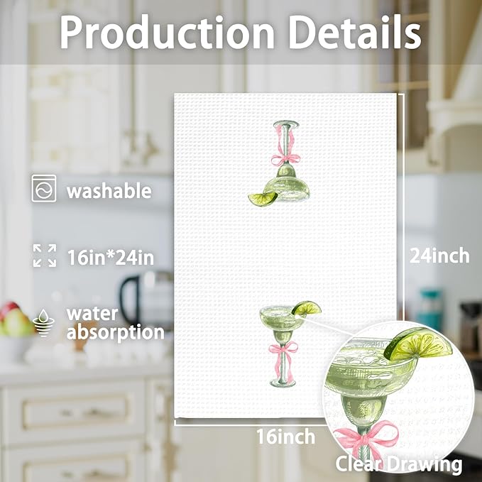 Margarita Decor Bow Kitchen Towels, Gifts for Margarita Lovers Hand Towel, Pink Bow Margaritas Dish Tea Towels for Kitchen Home Bar Decorative, Coquette Margaritas Bar Cart Decor,16x24In