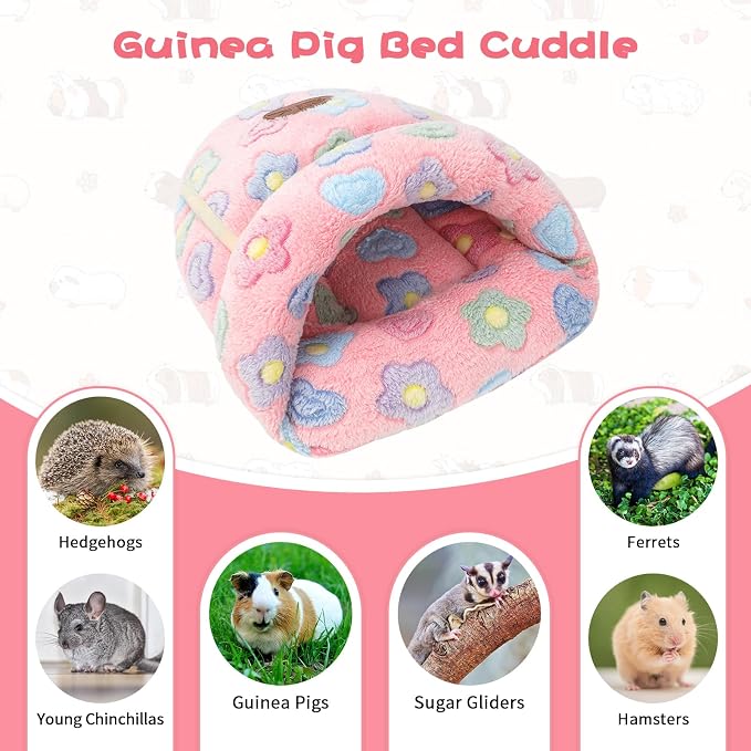 YUEPET Guinea Pig Bed Cuddle Cave, Warm Fleece Hideout, Pink Flower | Cozy Guinea Pig House, Portable Guinea Pig Hideout, Soft Coral Fleece, Washable Cushion