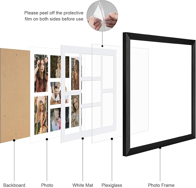13.5x15.5 Collage frame with 7 Openings 4X6 Pictures, Multiple Picture Frame with Mat, Wall or Tabletop Decor, Black Wood Grain,2 Pack
