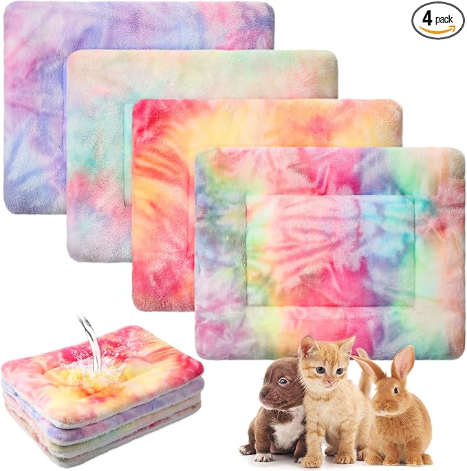 Haull 4 Pcs Waterproof Guinea Pig Bedding Soft Dog Cat Bed Crate Mat Small Animal Plush Cage Liners Rabbit Bunny Kennel Pad Reversible Cozy Pee Thickened Hamster Pad(Tie Dyed,13 x 18.5 Inch)