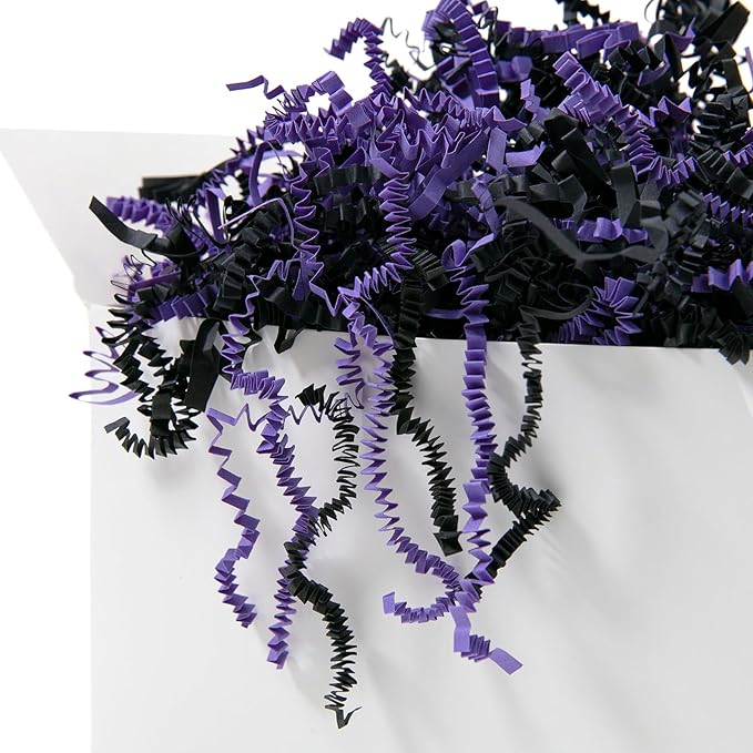 Mefleet 1/2 LB Halloween Crinkle Cut Paper Shred Filler 8 oz Purple & Black Crinkle Shredded Paper for Gift Basket - Gift Box Bag Filler - Grass Cushion Stuffing for Halloween Packaging Wrapping