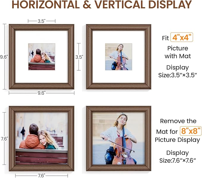 Natural Walnut 8x8 Picture Frames Mat to 4x4 Picture Display,Original Wood Handcrafted Photo Frame,Wooden Frame 8x8 with Tempered Glass Graduation Family Wedding Pictures Tabletop & Wall Decor