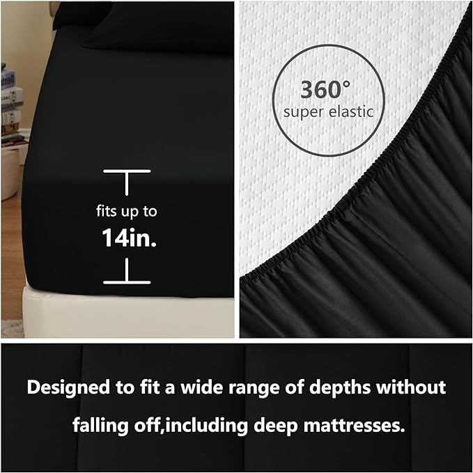 CozyLux California King Comforter Sets Black, 7 Pieces Cal King Bed in a Bag, All Season Bedding Sets with Stitch Quilted Comforter, Flat Sheet, Fitted Sheet, Pillowcases