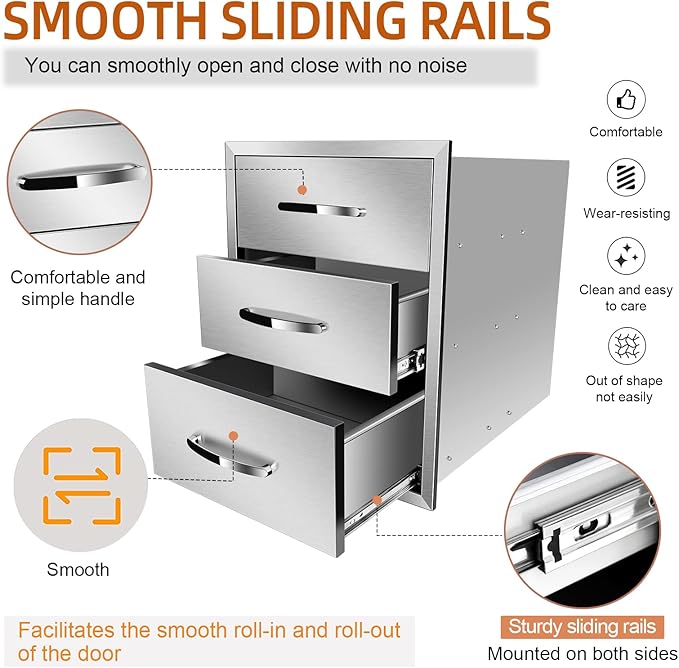Outdoor Kitchen Drawers Stainless Steel 18W X 23H X 23D Inch, Flush Mount Triple BBQ Island Drawers with Handle for Outdoor Kitchens, Patio or Grill Station
