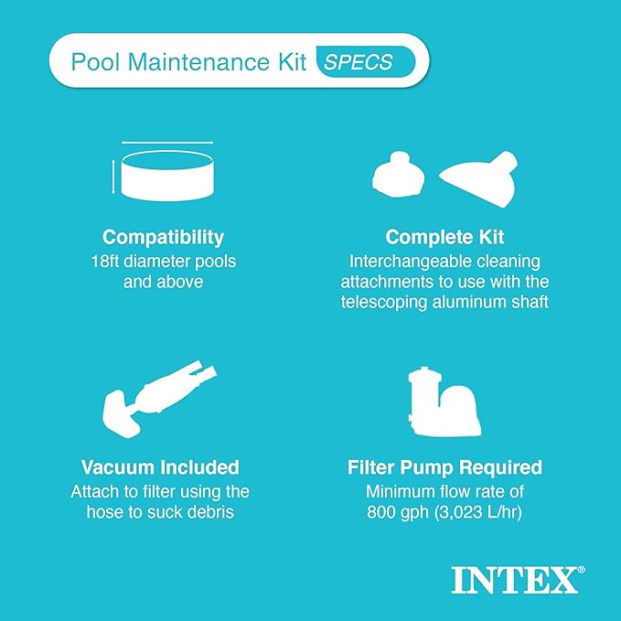 Intex 28003E Deluxe Above Ground Pool Maintenance Kit for Minimum 800 GPH Flow Rates with Vacuum, 110" Pole, Wall Brush and 24' Hose (Color May Vary)