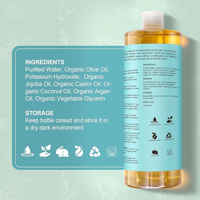 Pure Castile Soap Liquid Unscented 67 fl oz Castile Liquid Soap Made With Organic Oil, Clean & Gentle, No Palm Oil, Vegan, Natural Castille soaps for Face Body Hand Wash, Dishes Multi-purpose