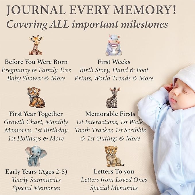 PERSONALIZED Baby Book – Baby Memory Book Keepsake for Boy or Girl I First 5 Year I Faux Leather, Gender Neutral, Safari Theme w/Gold Foil Stamp - Baby First Year Book Scrapbook Photo Album Shower