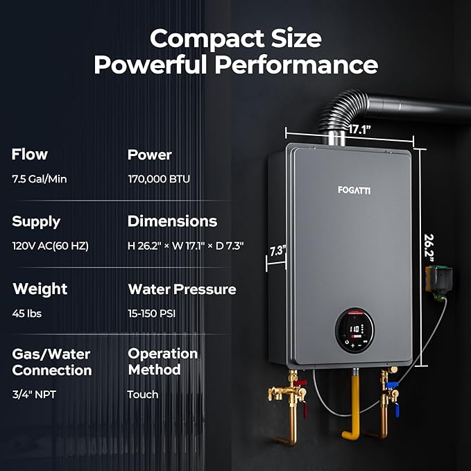 FOGATTI Propane Gas Tankless Water Heater Indoor - Max 7.5 GPM 170,000 BTU, CSA Certified Compact Design On Demand Instant Hot Water Heater - Instagas Comfort 170S Series