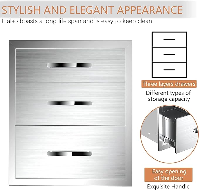Outdoor Kitchen Drawers Stainless Steel 20W X 27H X 23D Inch, Flush Mount Triple BBQ Island Drawers with Handle for Outdoor Kitchens, Patio or Grill Station